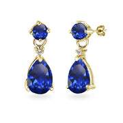 Yellow Gold Flashed Sterling Silver Created Blue Sapphire Teardrop Dangle Earrings