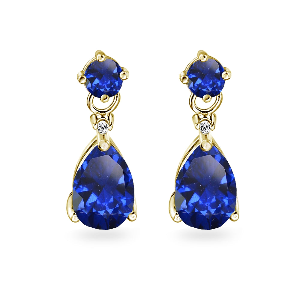 Yellow Gold Flashed Sterling Silver Created Blue Sapphire Teardrop Dangle Earrings-2