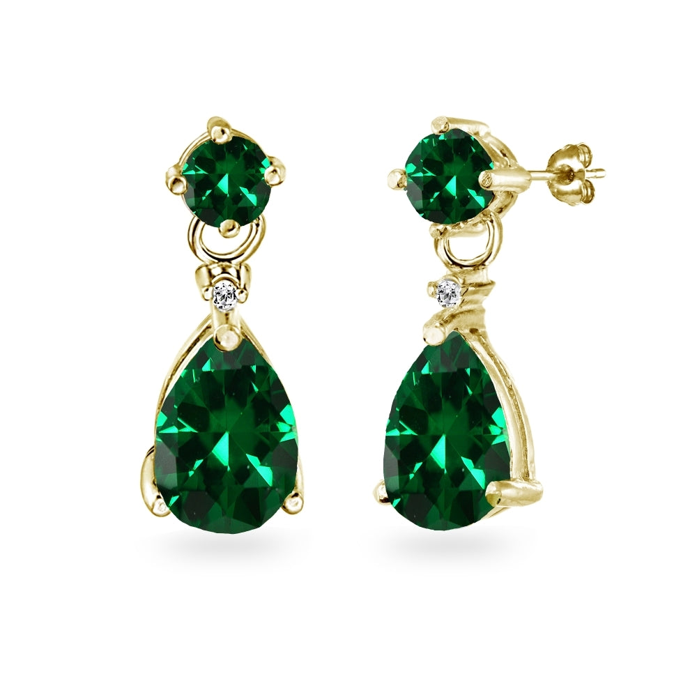 Yellow Gold Flashed Sterling Silver Simulated Emerald Teardrop Dangle Earrings