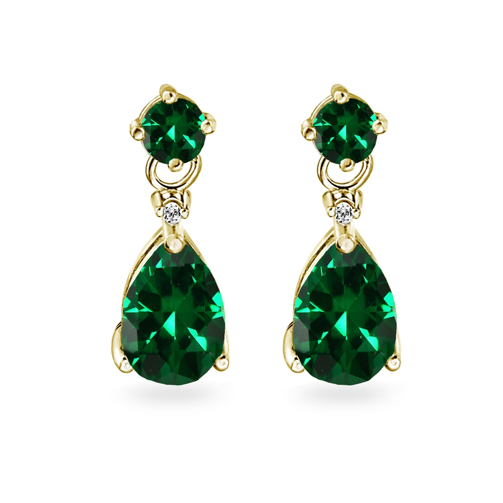Yellow Gold Flashed Sterling Silver Simulated Emerald Teardrop Dangle Earrings-2