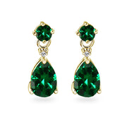 Yellow Gold Flashed Sterling Silver Simulated Emerald Teardrop Dangle Earrings