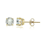 Yellow Gold Flashed Sterling Silver Aquamarine and Cubic Zirconia Accents Crown Stud Earrings