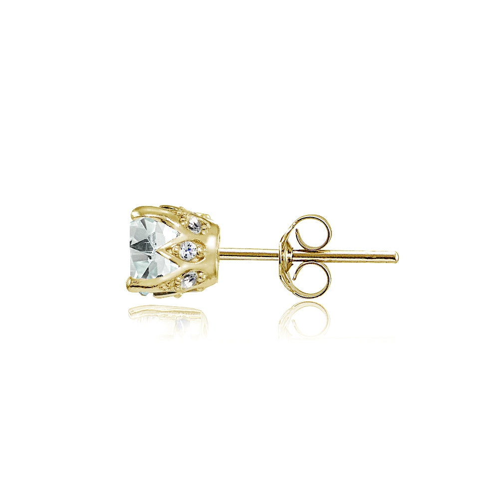 Yellow Gold Flashed Sterling Silver Aquamarine and Cubic Zirconia Accents Crown Stud Earrings-3