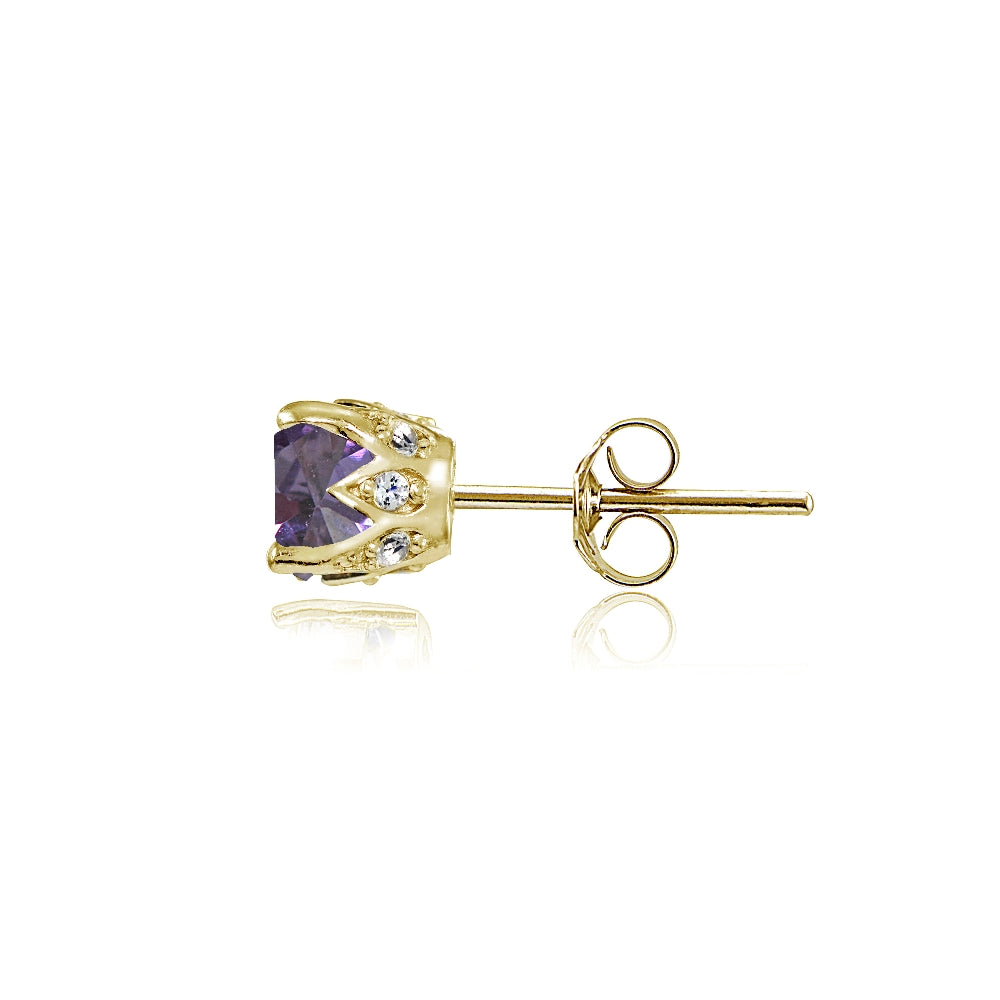 Yellow Gold Flashed Sterling Silver Created Alexandrite and Cubic Zirconia Accents Crown Stud Earrings-3