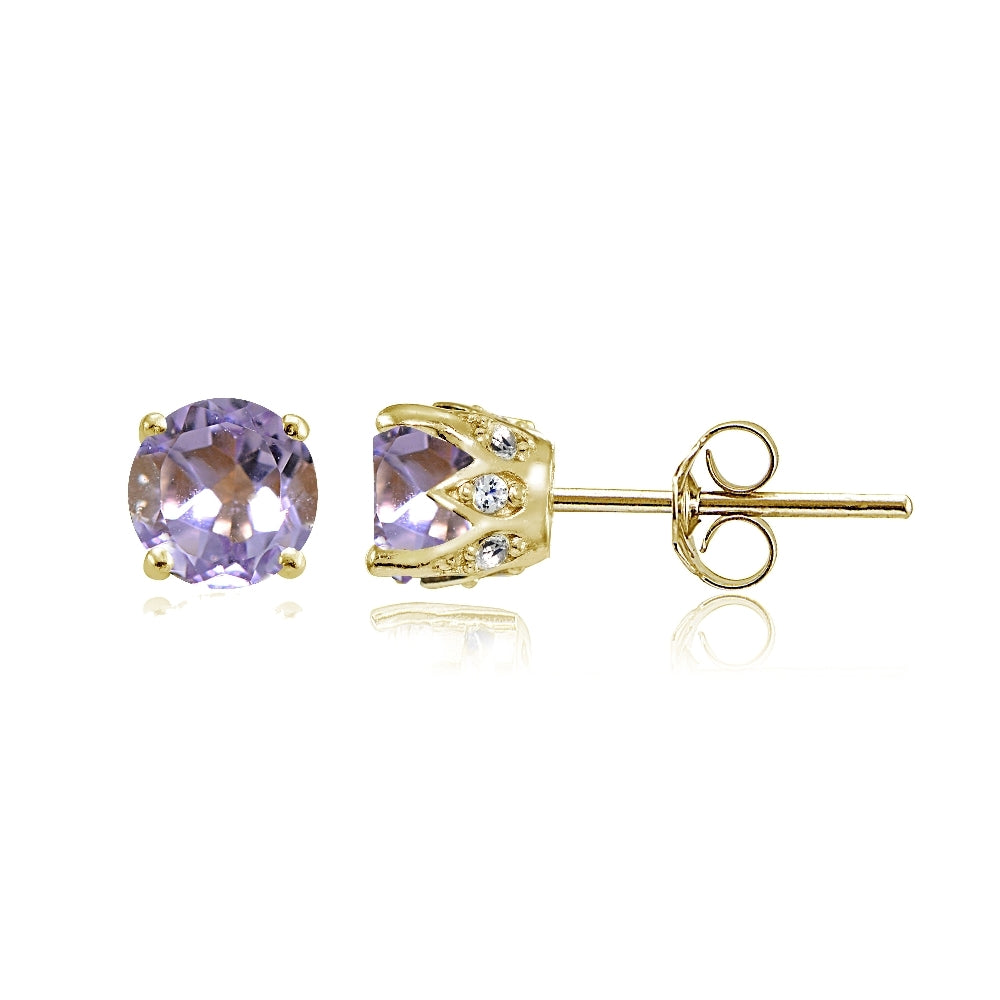 Yellow Gold Flashed Sterling Silver Amethyst and Cubic Zirconia Accents Crown Stud Earrings