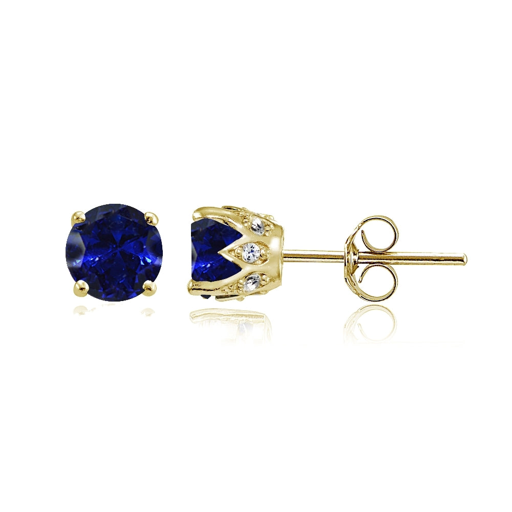 Yellow Gold Flashed Sterling Silver Created Blue Sapphire and Cubic Zirconia Accents Crown Stud Earrings
