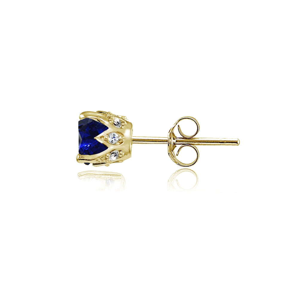 Yellow Gold Flashed Sterling Silver Created Blue Sapphire and Cubic Zirconia Accents Crown Stud Earrings-3