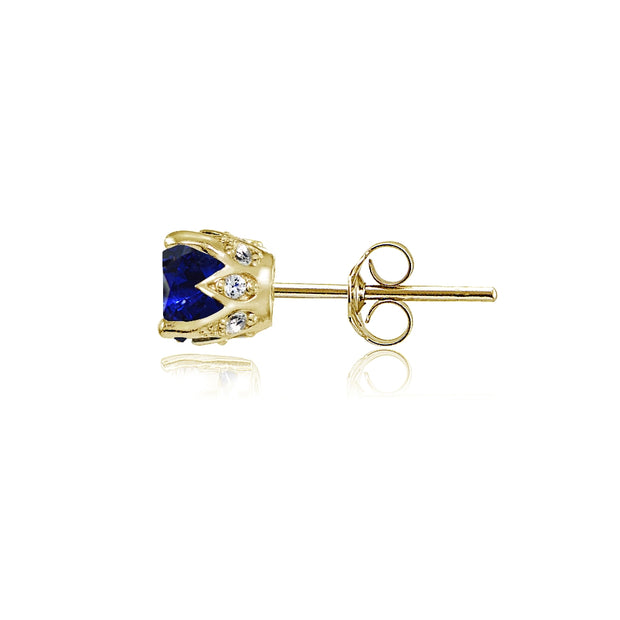Yellow Gold Flashed Sterling Silver Created Blue Sapphire and Cubic Zirconia Accents Crown Stud Earrings