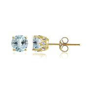 Yellow Gold Flashed Blue Topaz and Cubic Zirconia Accents Crown Stud Earrings
