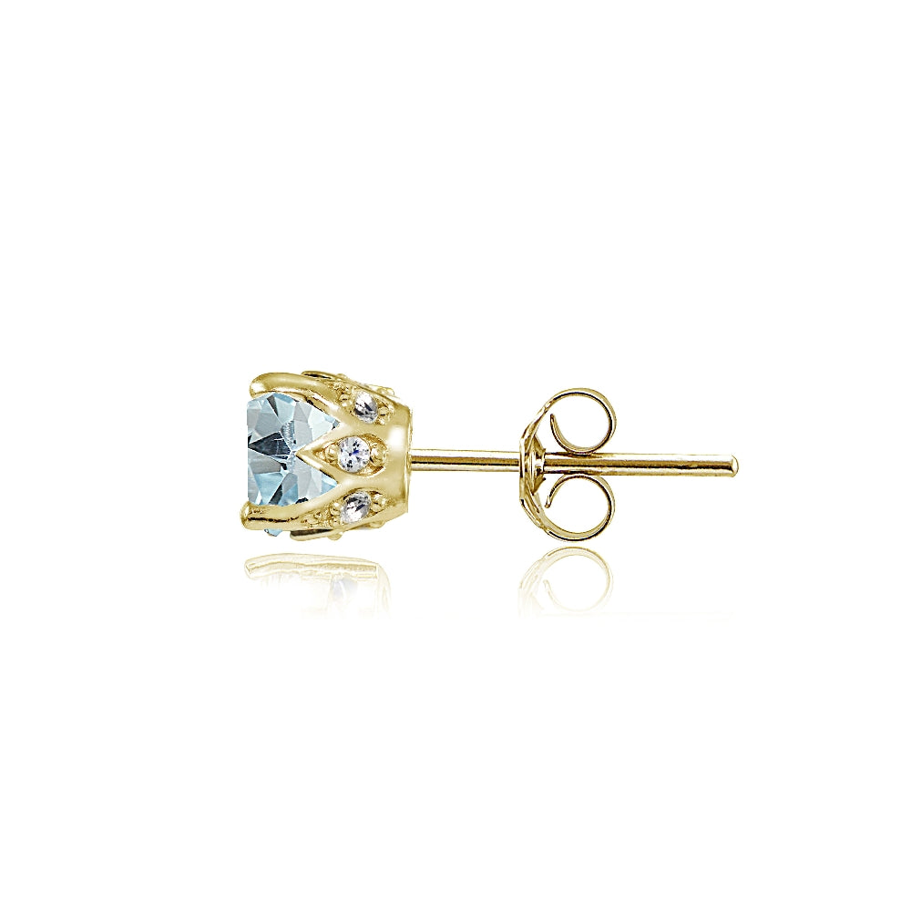 Yellow Gold Flashed Blue Topaz and Cubic Zirconia Accents Crown Stud Earrings-3