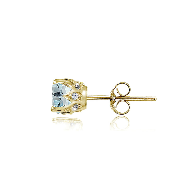 Yellow Gold Flashed Blue Topaz and Cubic Zirconia Accents Crown Stud Earrings