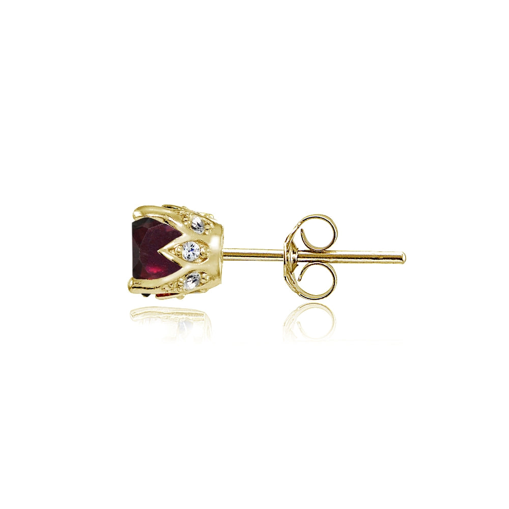 Yellow Gold Flashed Sterling Silver Garnet and Cubic Zirconia Accents Crown Stud Earrings-3