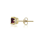Yellow Gold Flashed Sterling Silver Garnet and Cubic Zirconia Accents Crown Stud Earrings