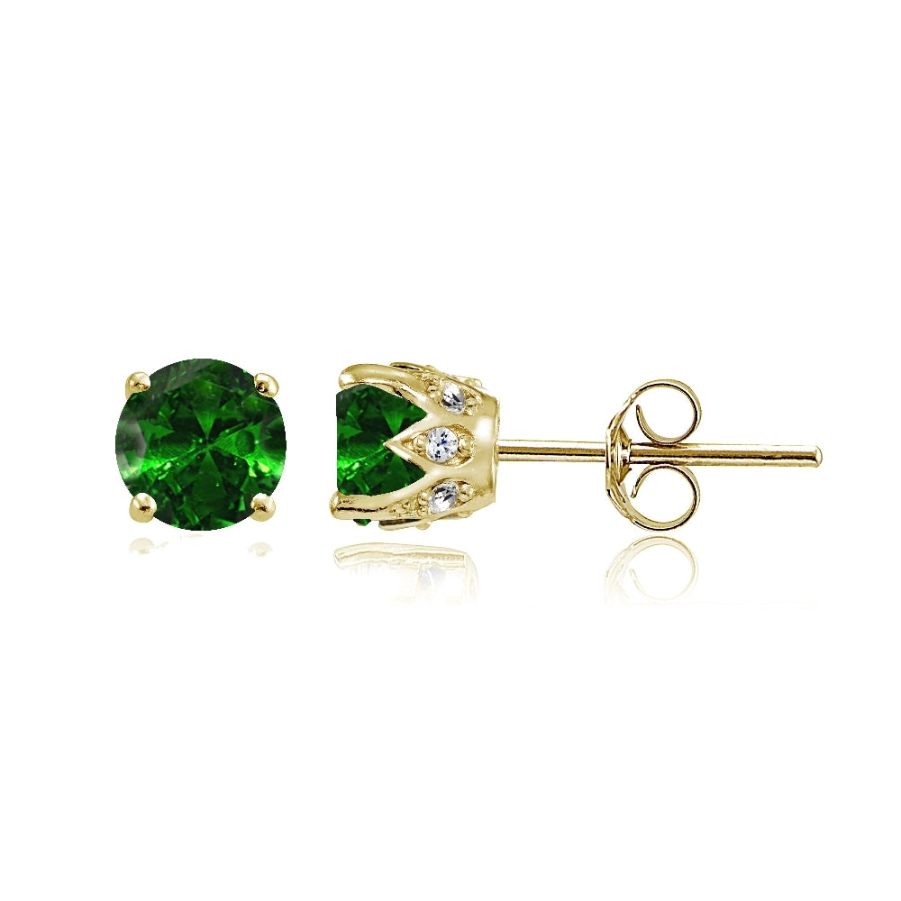 Yellow Gold Flashed Sterling Silver Created Emerald and Cubic Zirconia Accents Crown Stud Earrings