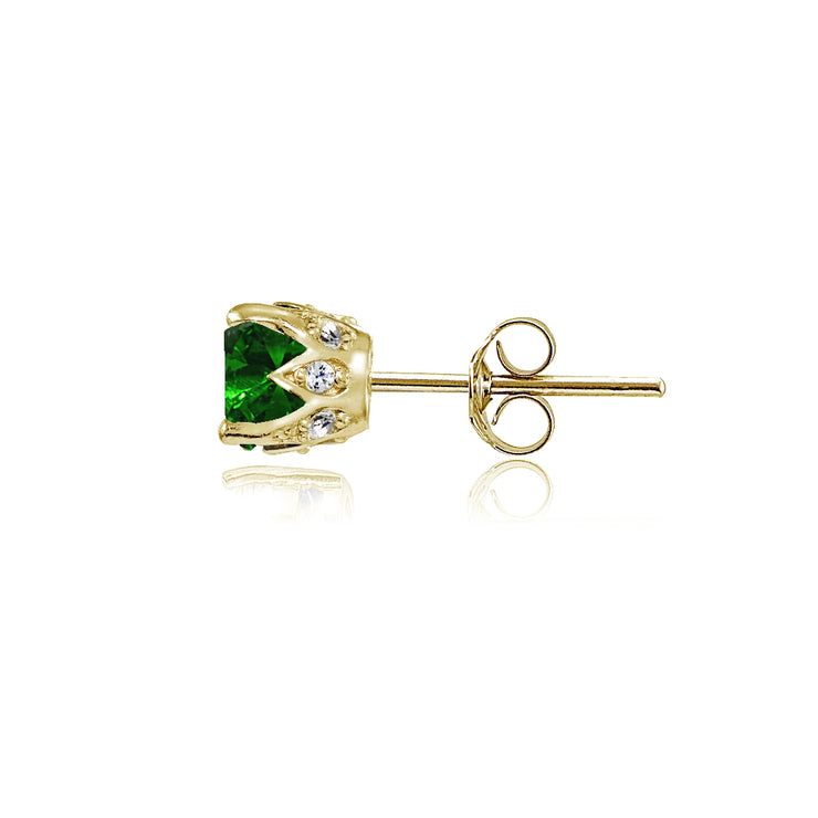 Yellow Gold Flashed Sterling Silver Created Emerald and Cubic Zirconia Accents Crown Stud Earrings