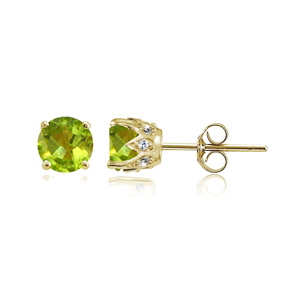 Yellow Gold Flashed Sterling Silver Peridot and Cubic Zirconia Accents Crown Stud Earrings