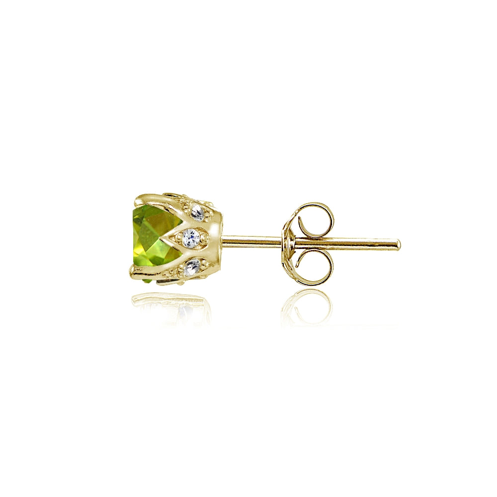 Yellow Gold Flashed Sterling Silver Peridot and Cubic Zirconia Accents Crown Stud Earrings-3