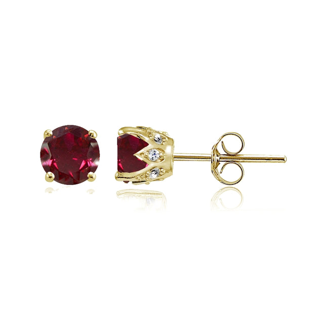 Yellow Gold Flashed Sterling Silver Created Ruby and Cubic Zirconia Accents Crown Stud Earrings