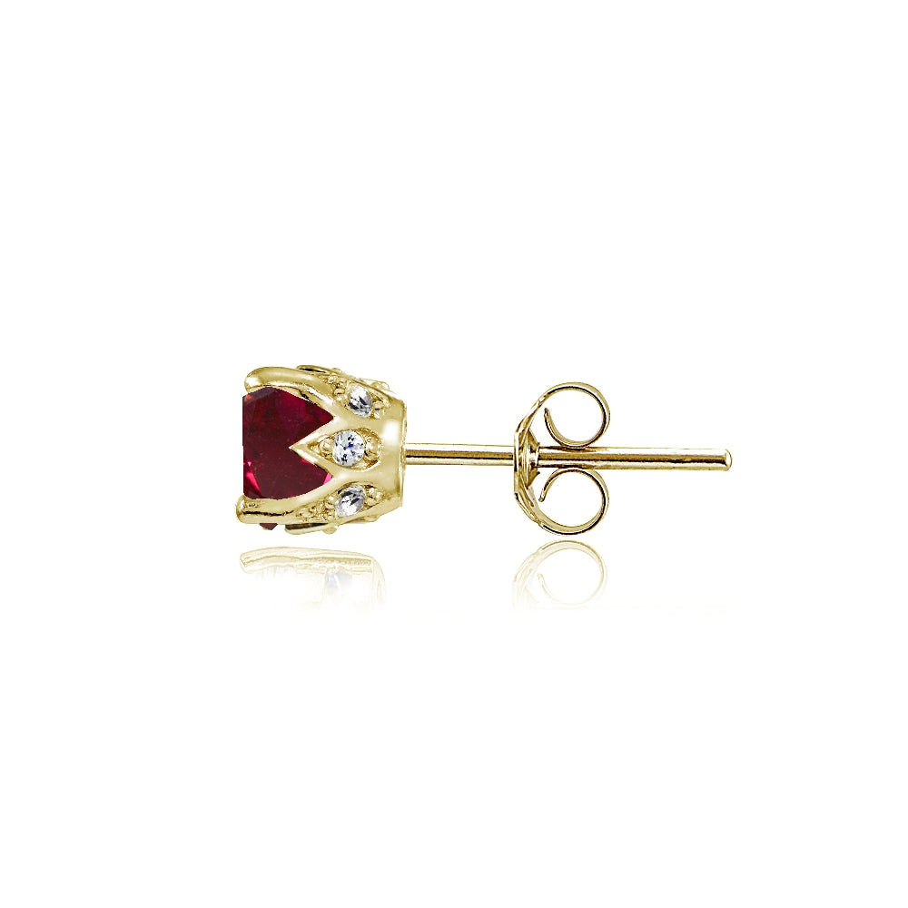 Yellow Gold Flashed Sterling Silver Created Ruby and Cubic Zirconia Accents Crown Stud Earrings-3