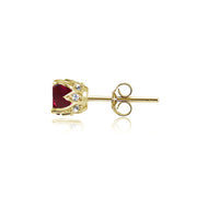 Yellow Gold Flashed Sterling Silver Created Ruby and Cubic Zirconia Accents Crown Stud Earrings