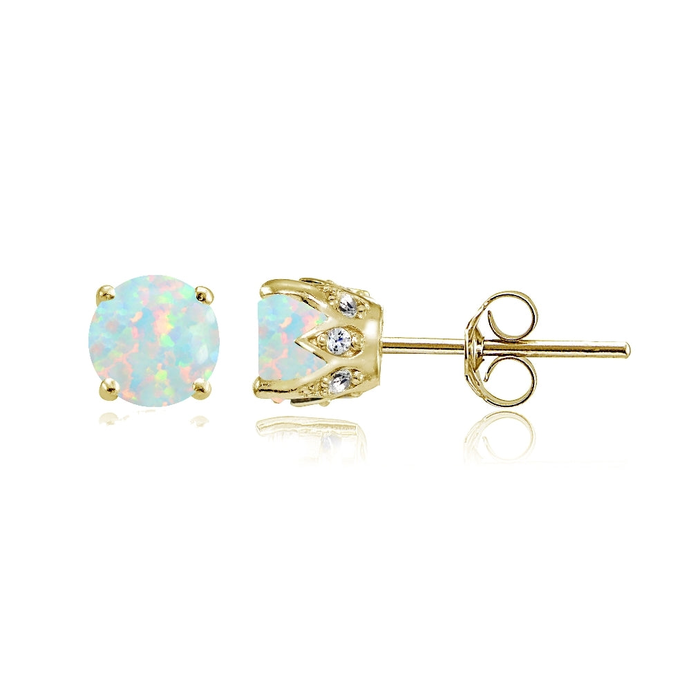 Yellow Gold Flashed Sterling Silver Created White Opal and Cubic Zirconia Accents Crown Stud Earrings