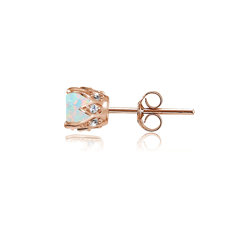 Yellow Gold Flashed Sterling Silver Created White Opal and Cubic Zirconia Accents Crown Stud Earrings-3