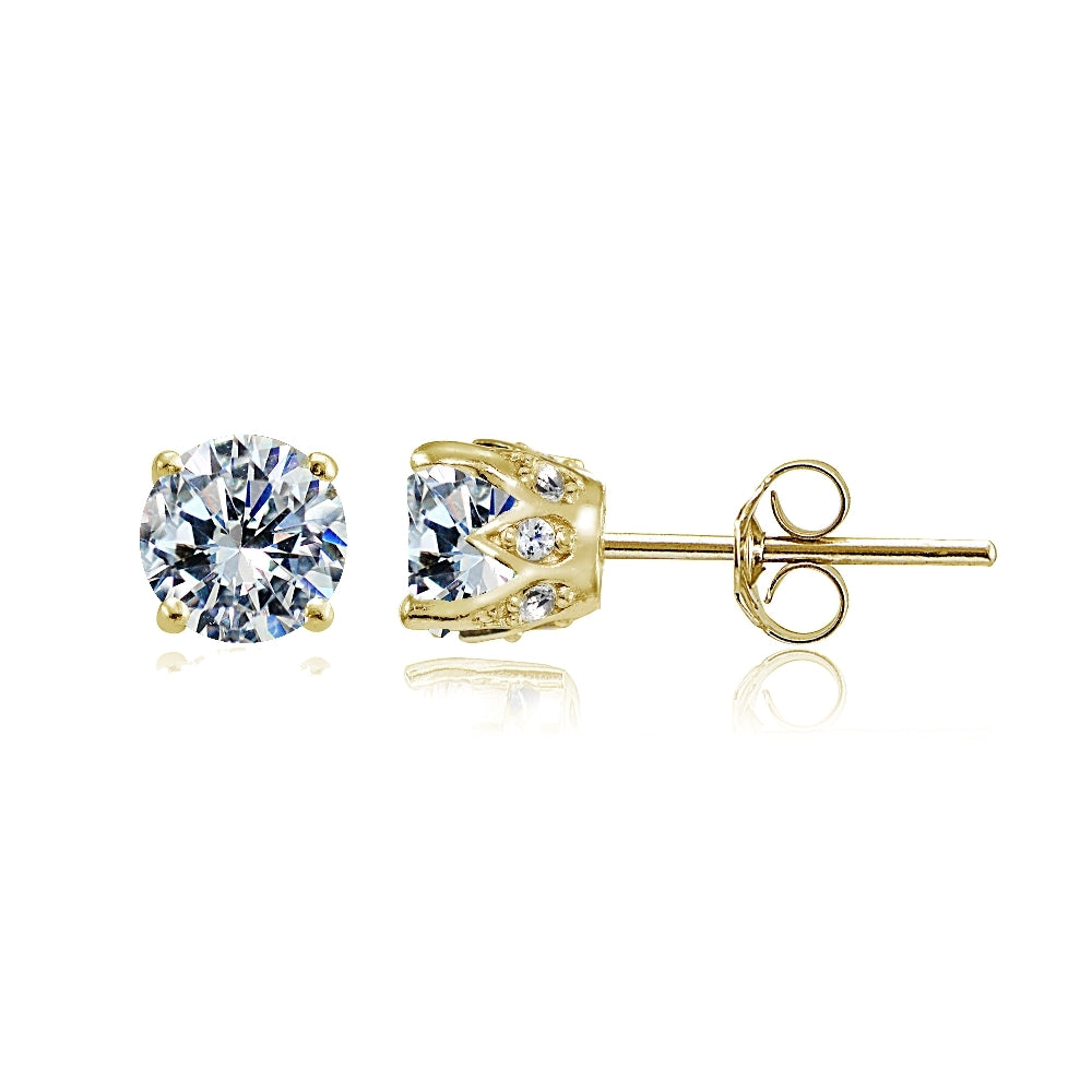 Yellow Gold Flashed Sterling Silver Cubic Zirconia Crown Stud Earrings