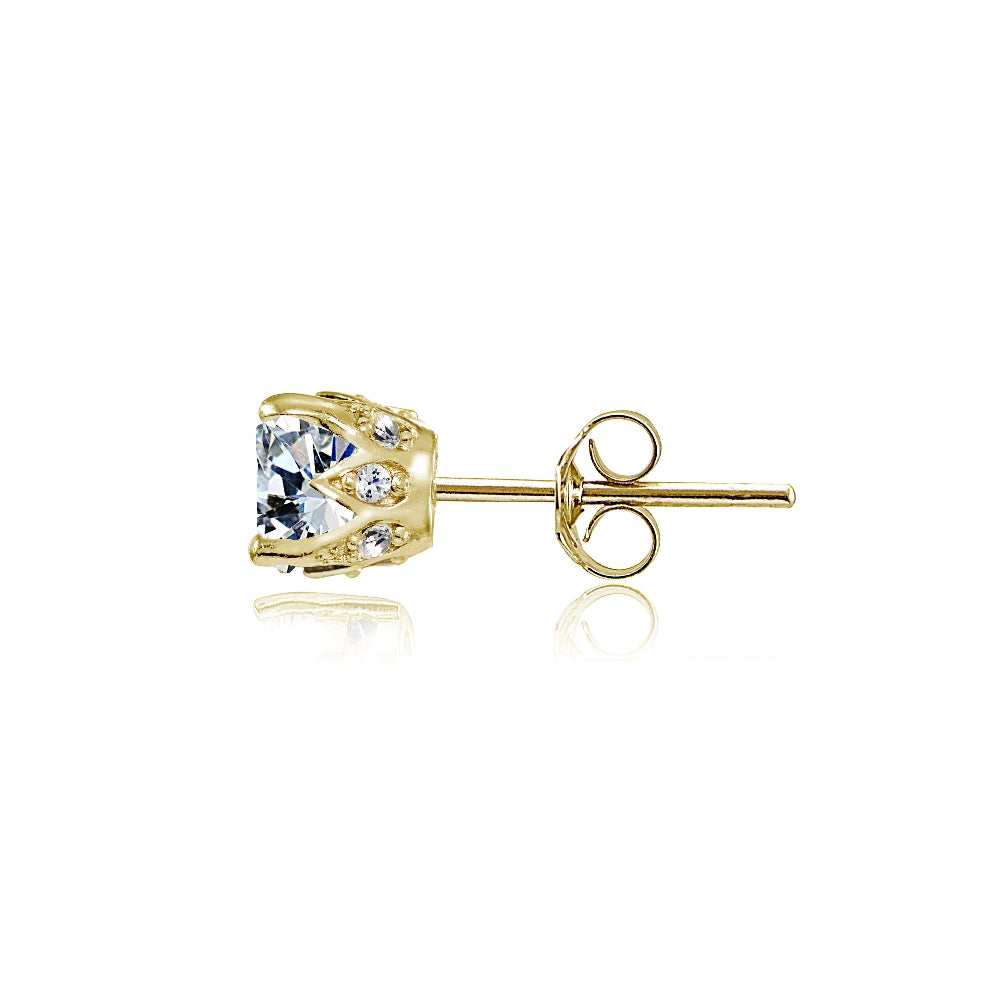 Yellow Gold Flashed Sterling Silver Cubic Zirconia Crown Stud Earrings-2