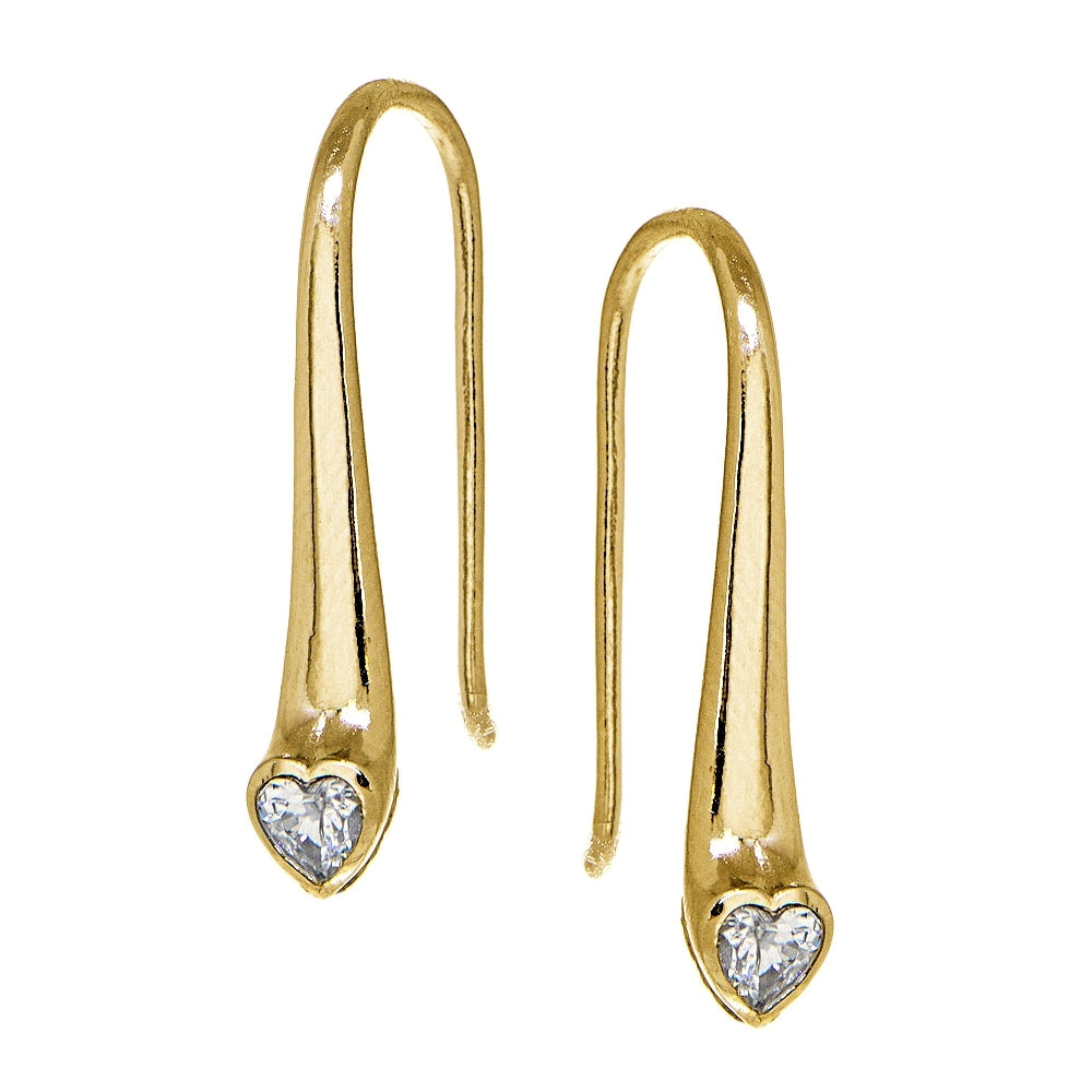 Yellow Gold Flashed Sterling Silver Cubic Zirconia Heart Elongated Teardrop Hook Earrings