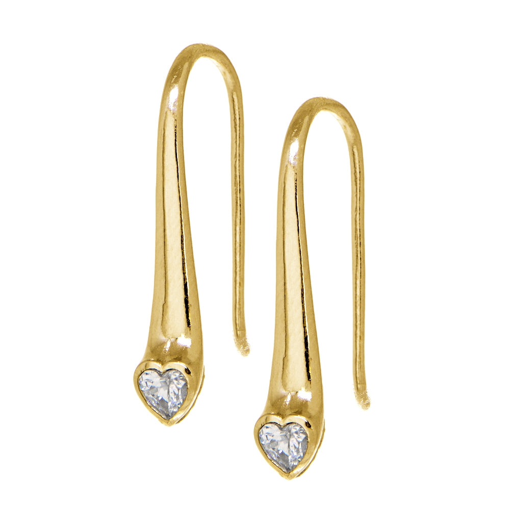 Yellow Gold Flashed Sterling Silver Cubic Zirconia Heart Elongated Teardrop Hook Earrings-2