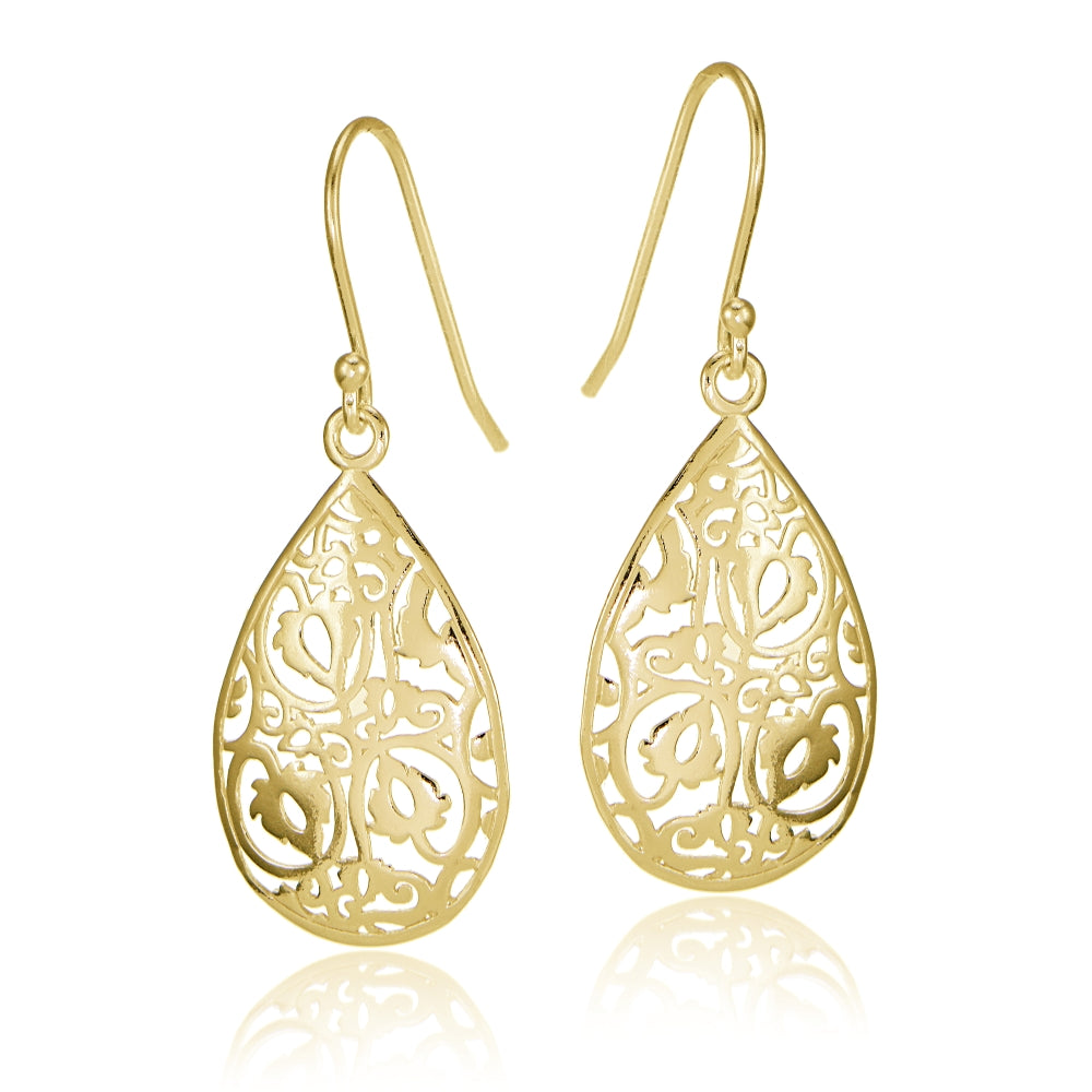 Yellow Gold Flashed Sterling Silver Filigree Teardrop Earrings-2