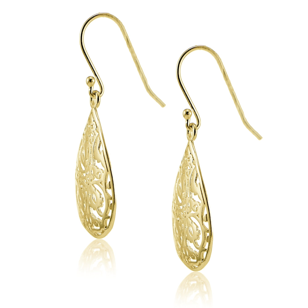 Yellow Gold Flashed Sterling Silver Filigree Teardrop Earrings-3