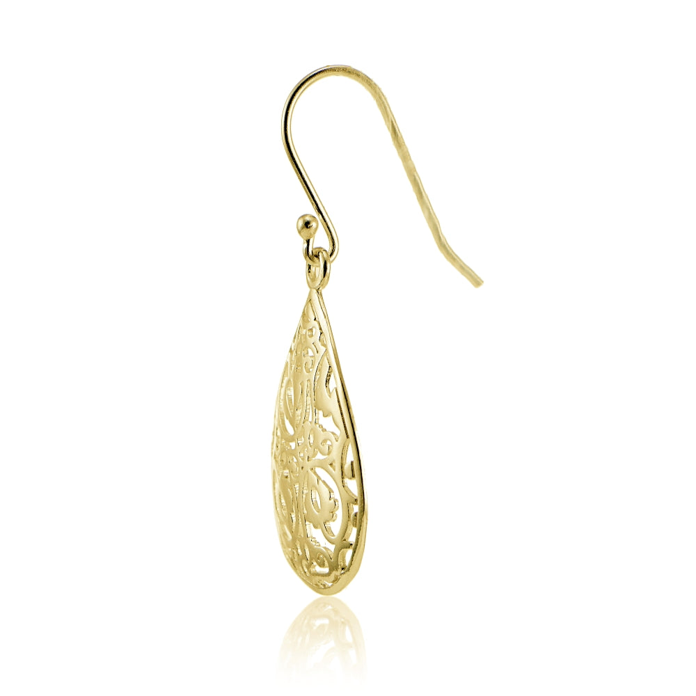 Yellow Gold Flashed Sterling Silver Filigree Teardrop Earrings-4