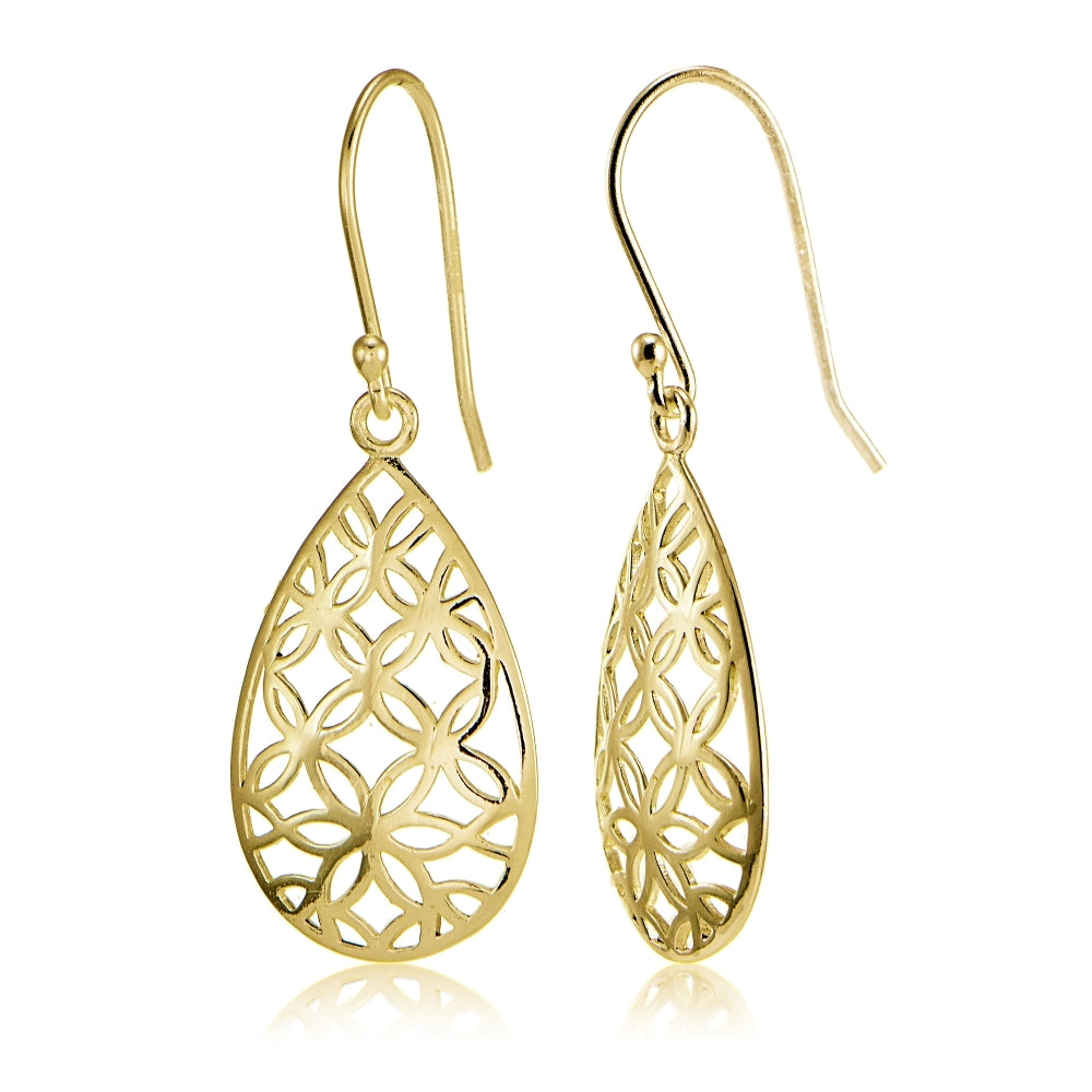 Yellow Gold Flashed Sterling Silver Filigree Floral Design Teardrop Earrings