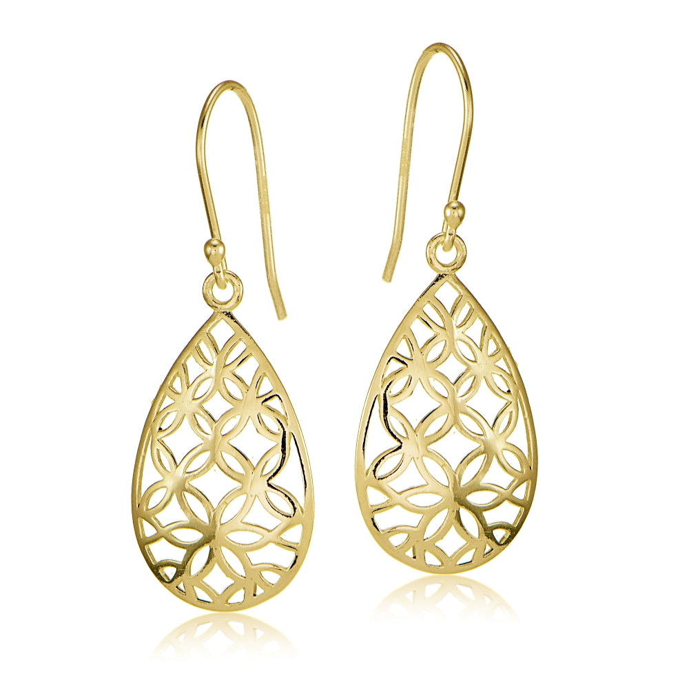 Yellow Gold Flashed Sterling Silver Filigree Floral Design Teardrop Earrings-2