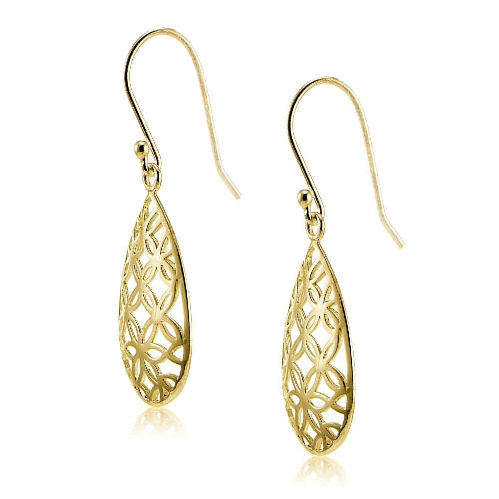 Yellow Gold Flashed Sterling Silver Filigree Floral Design Teardrop Earrings-3