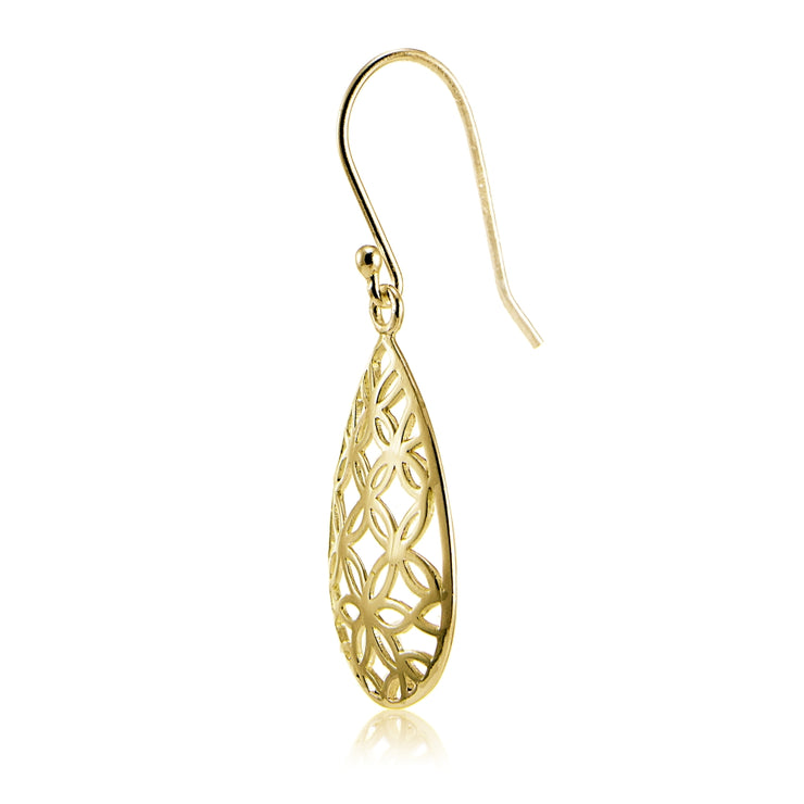 Yellow Gold Flashed Sterling Silver Filigree Floral Design Teardrop Earrings