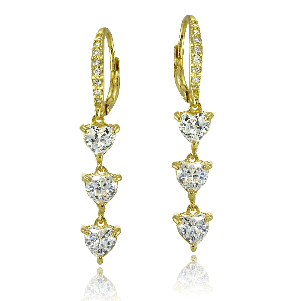 Yellow Gold Flashed Sterling Silver Cubic Zirconia Heart 3-Stone Dangle Earrings