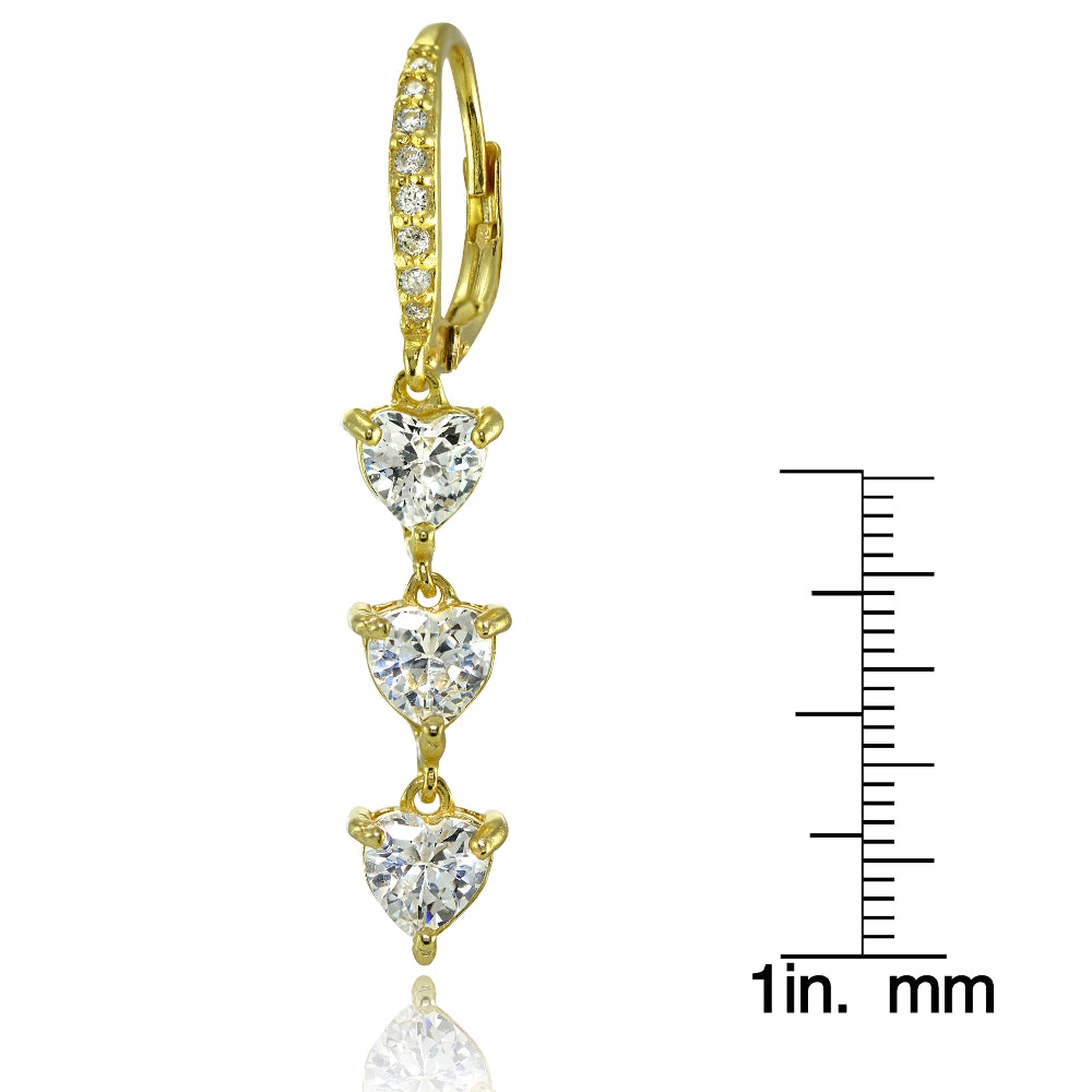 Yellow Gold Flashed Sterling Silver Cubic Zirconia Heart 3-Stone Dangle Earrings-2