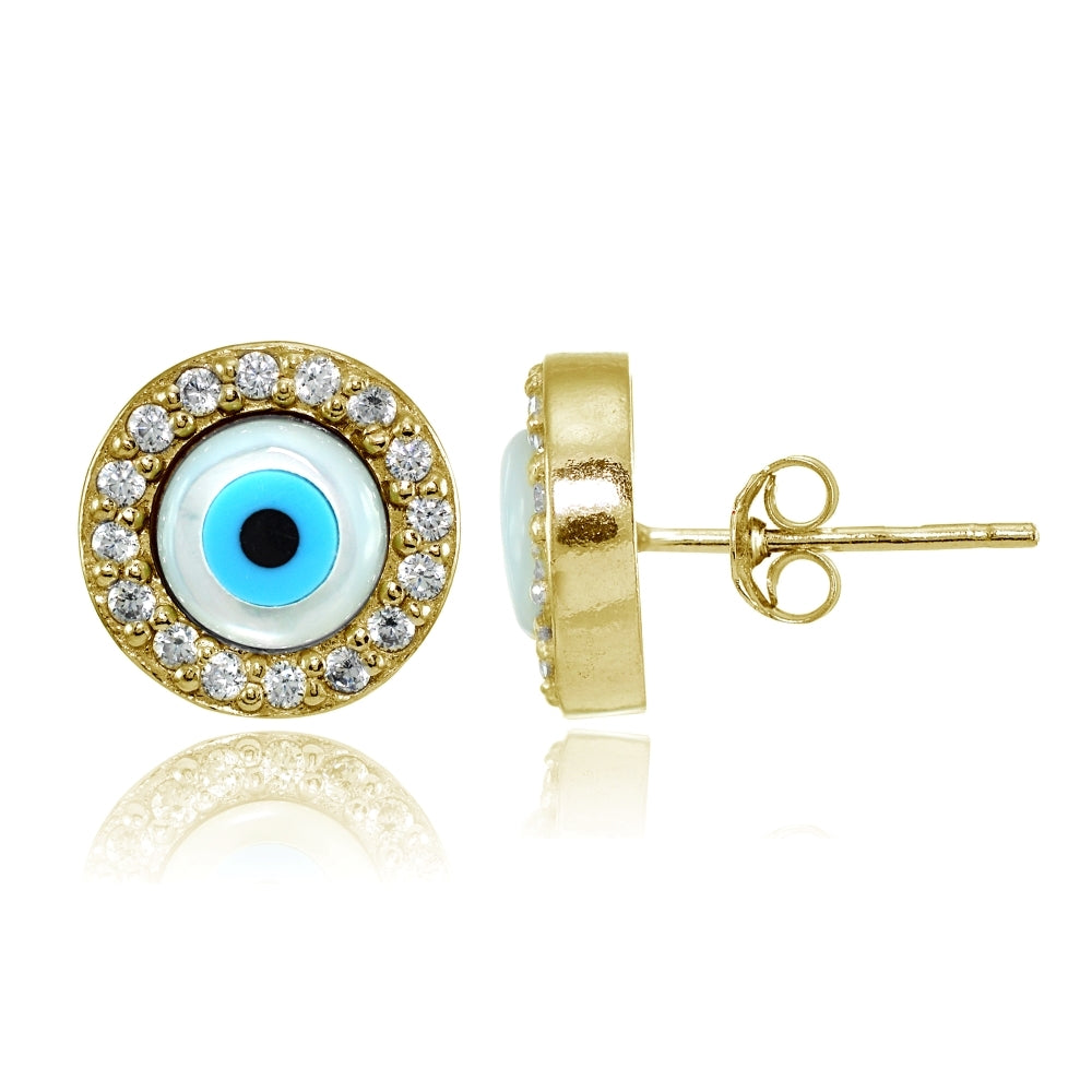 Yellow Gold Flashed Silver Cubic Zirconia Multi Colored Enamel Evil Eye Stud Earrings