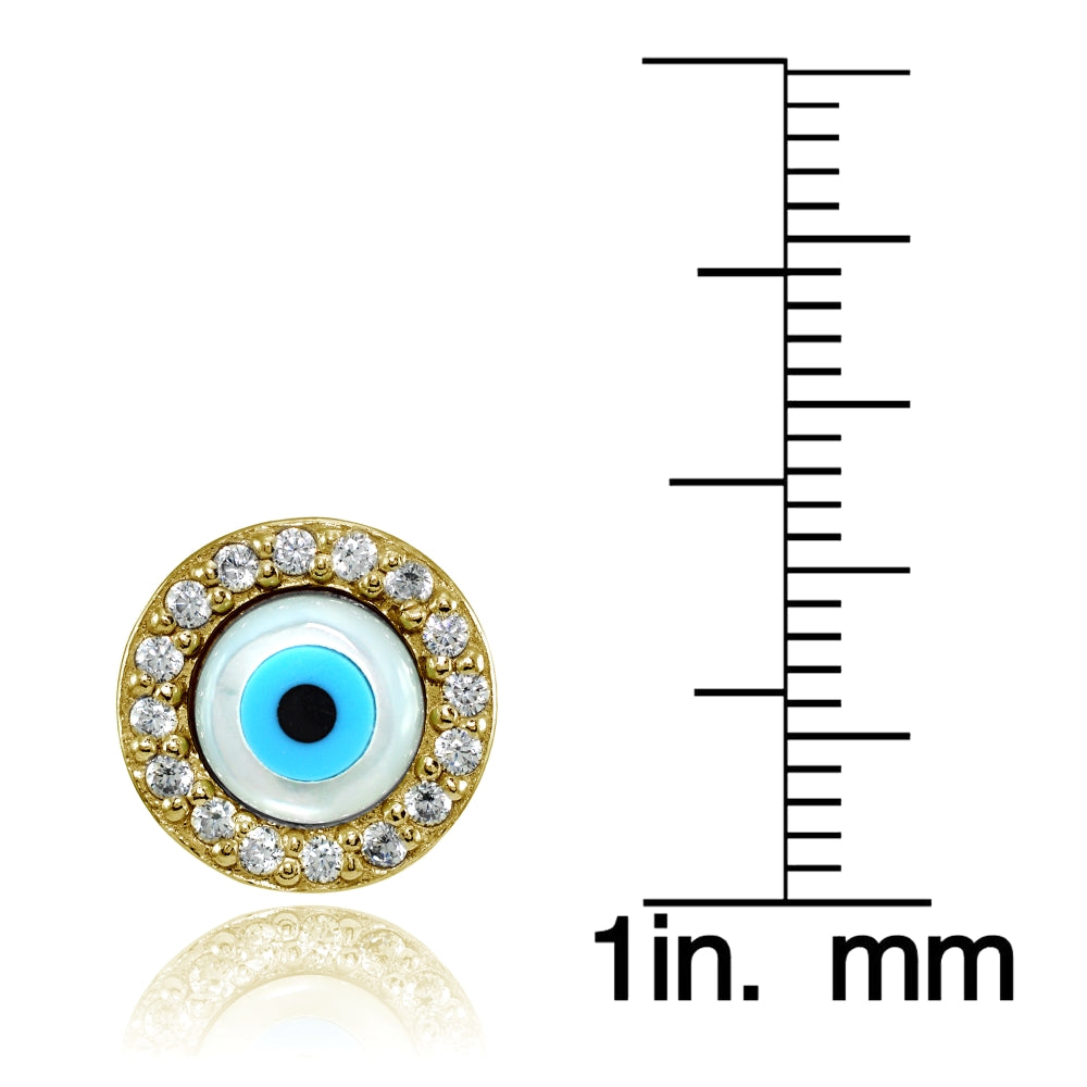 Yellow Gold Flashed Silver Cubic Zirconia Multi Colored Enamel Evil Eye Stud Earrings-3