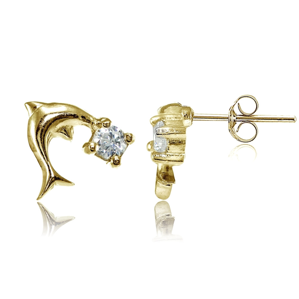 Yellow Gold Flashed Sterling Silver Cubic Zirconia Dolphin Stud Earrings