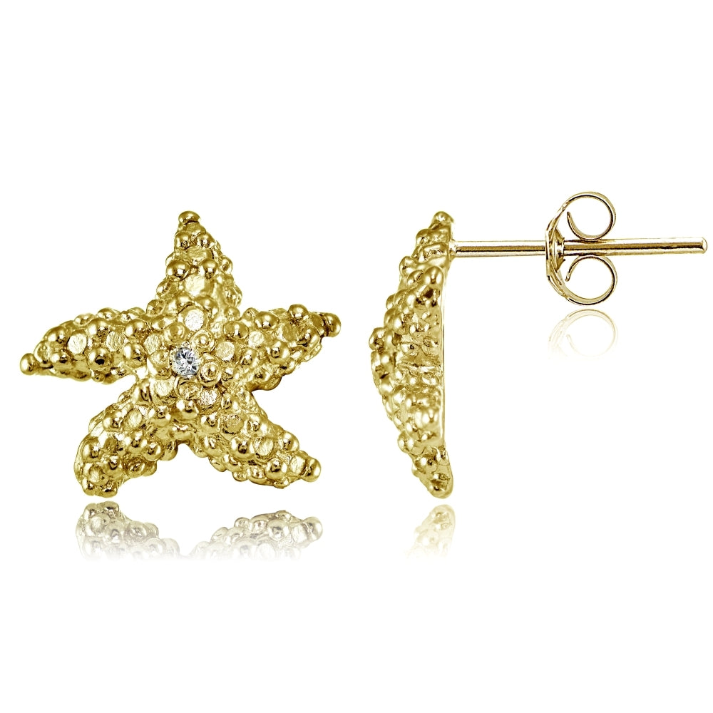 Yellow Gold Flashed Sterling Silver Cubic Zirconia Starfish Stud Earrings