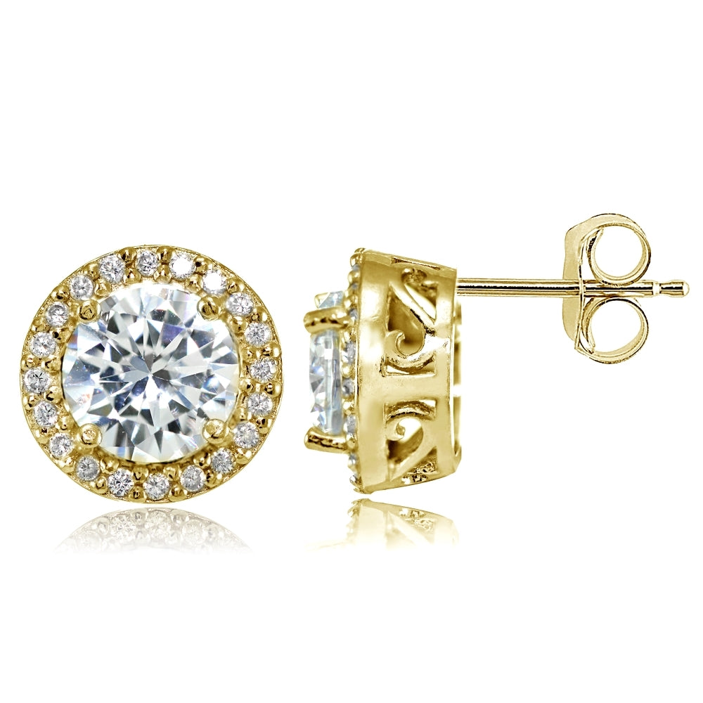Yellow Gold Flashed Sterling Silver Round Cubic Zirconia Halo Stud Earrings