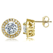 Yellow Gold Flashed Sterling Silver Round Cubic Zirconia Halo Stud Earrings