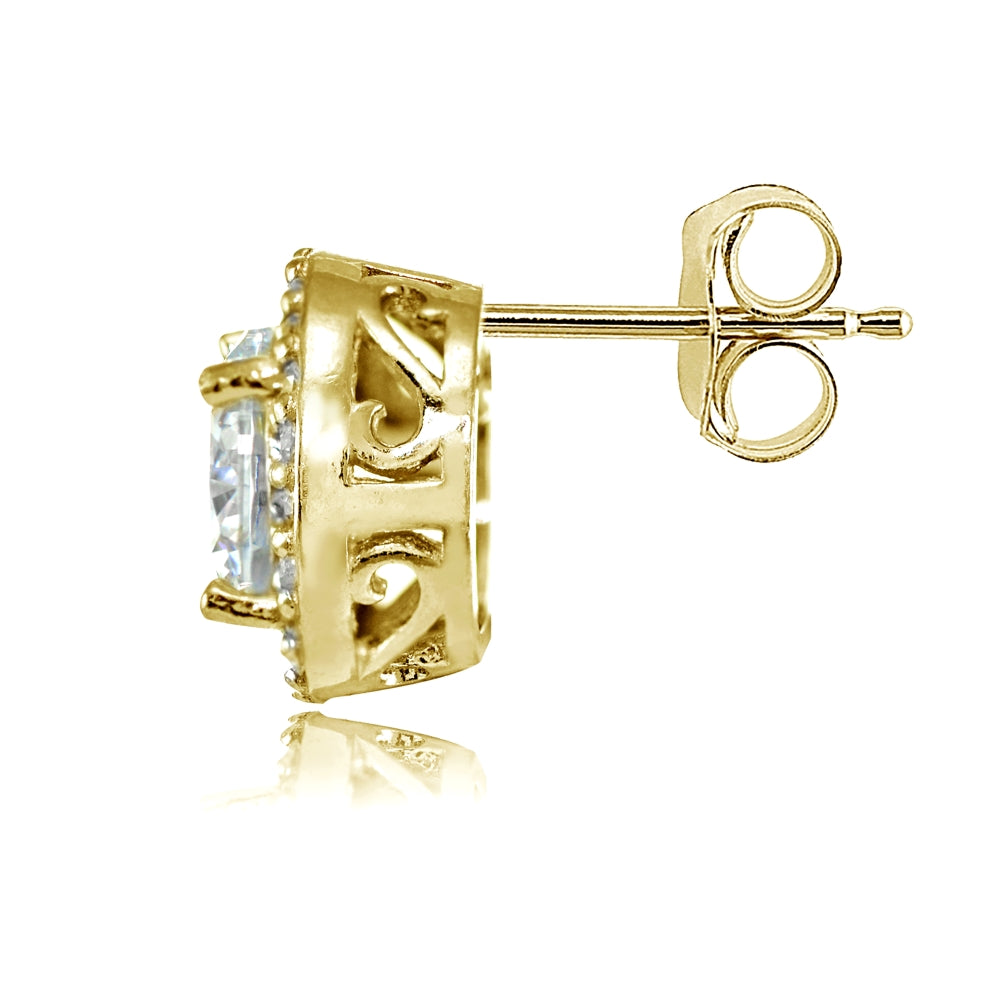 Yellow Gold Flashed Sterling Silver Round Cubic Zirconia Halo Stud Earrings-2