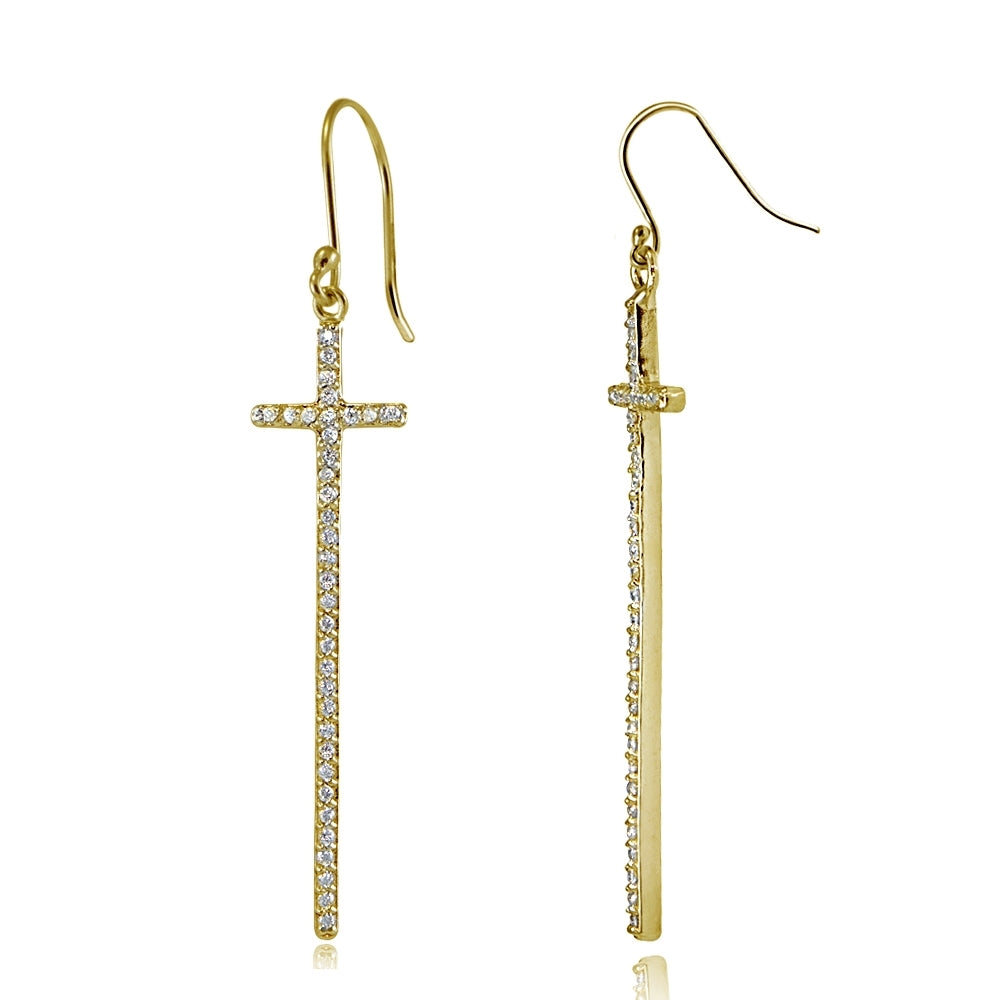 Yellow Gold Flashed Sterling Silver Cubic Zirconia Elongated Dangling Cross Earrings
