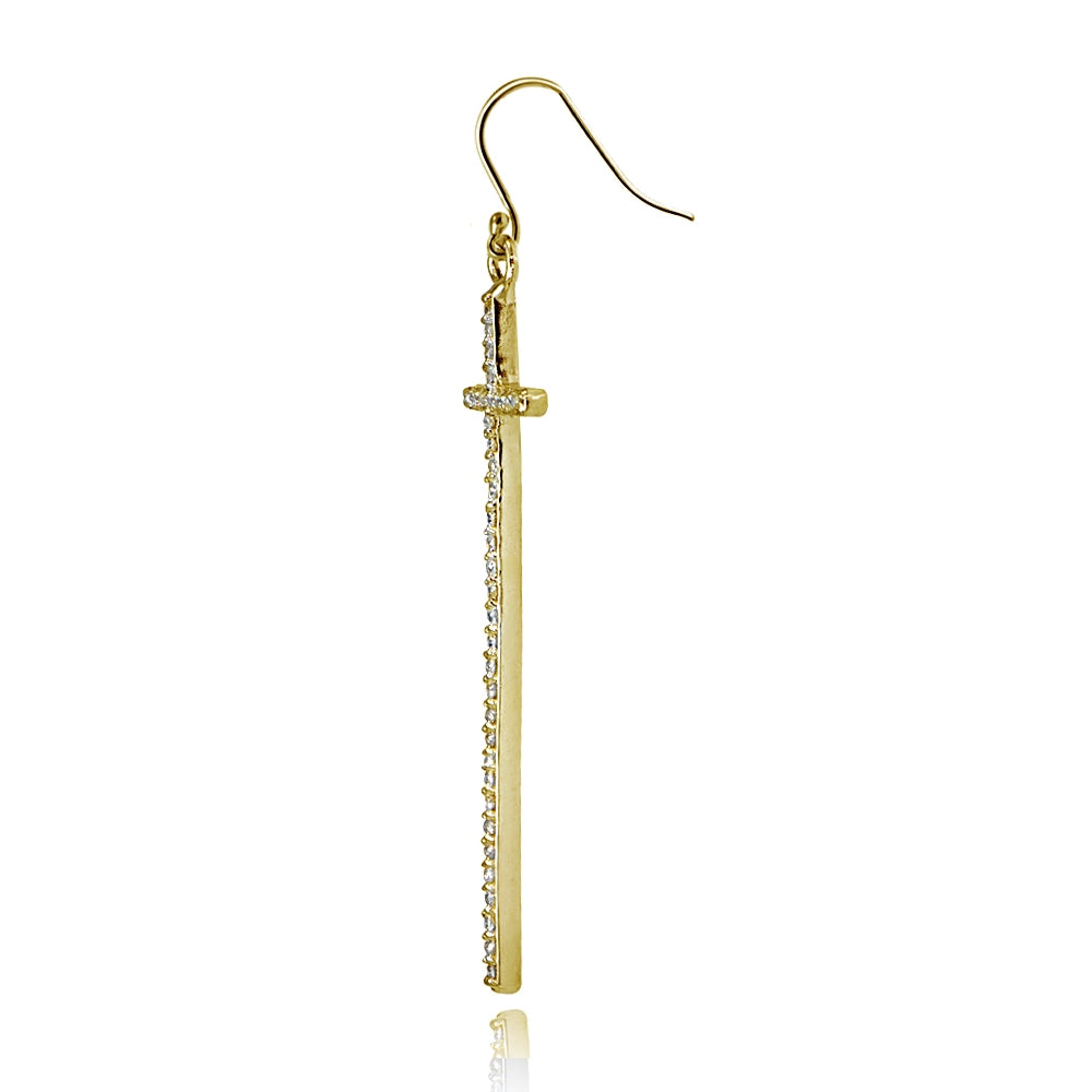 Yellow Gold Flashed Sterling Silver Cubic Zirconia Elongated Dangling Cross Earrings-2