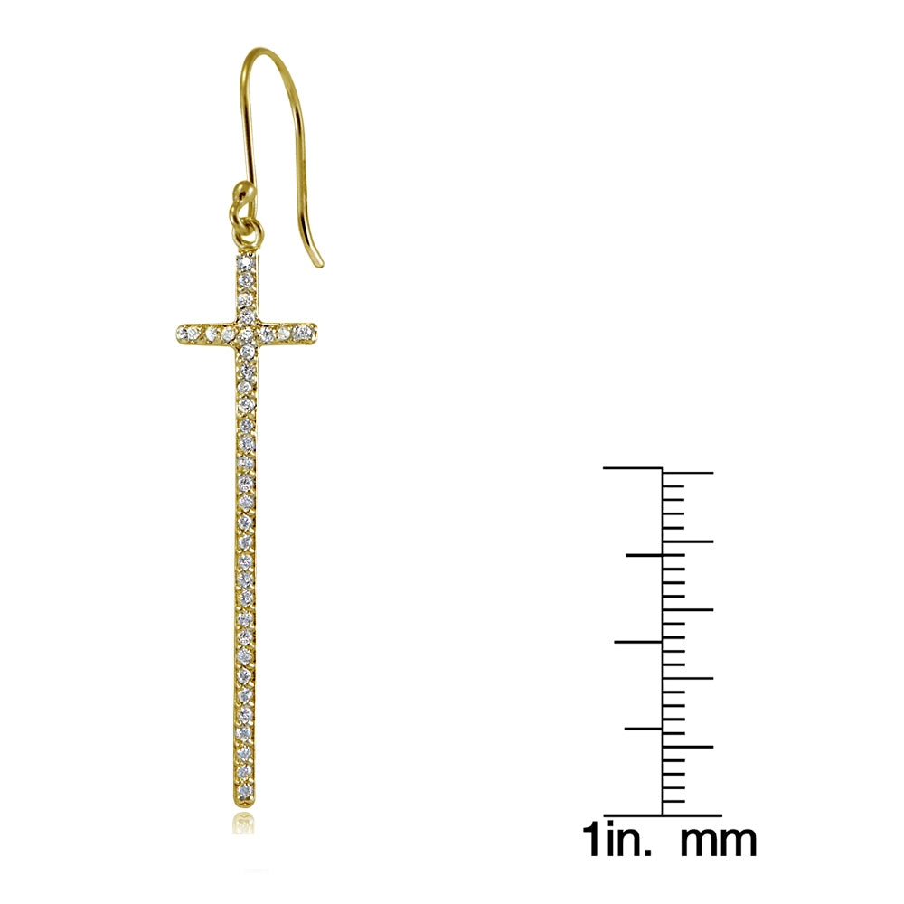 Yellow Gold Flashed Sterling Silver Cubic Zirconia Elongated Dangling Cross Earrings-3