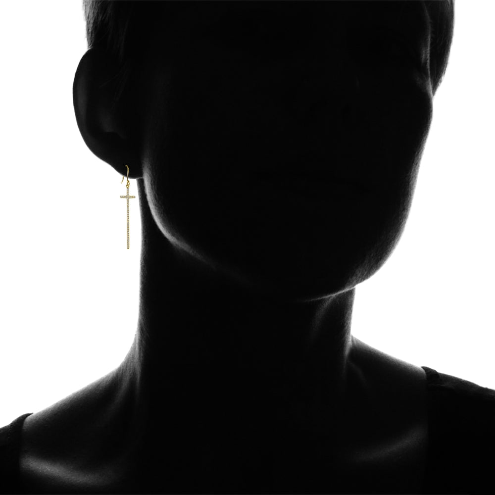 Yellow Gold Flashed Sterling Silver Cubic Zirconia Elongated Dangling Cross Earrings-4